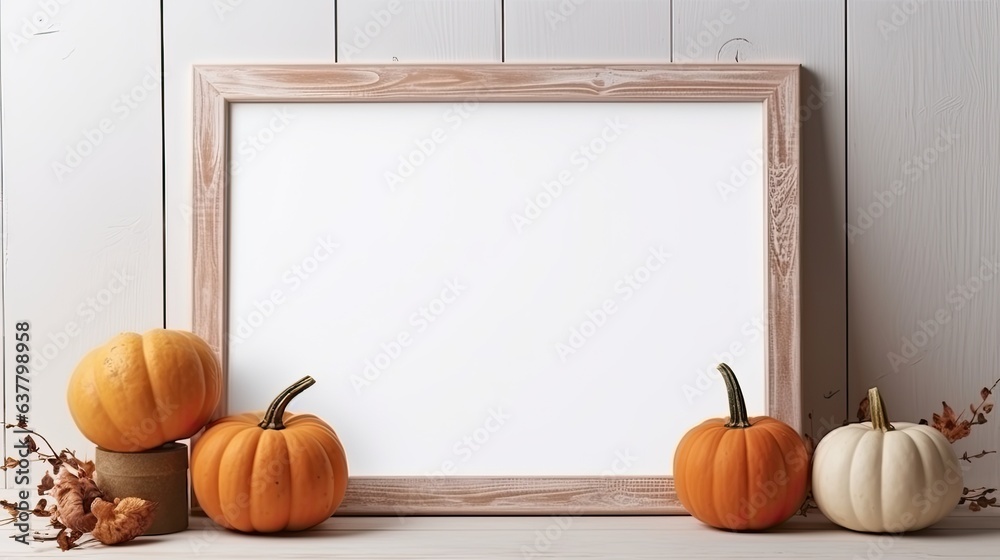 Poster boho style halloween decor with pumpkin mockup and empty space for copy