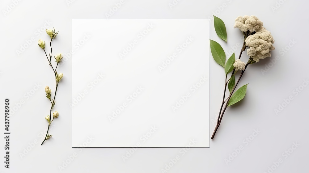 Poster Minimal business brand template with blank card pen and green floral twig on light gray background Flat lay top view . Mockup image