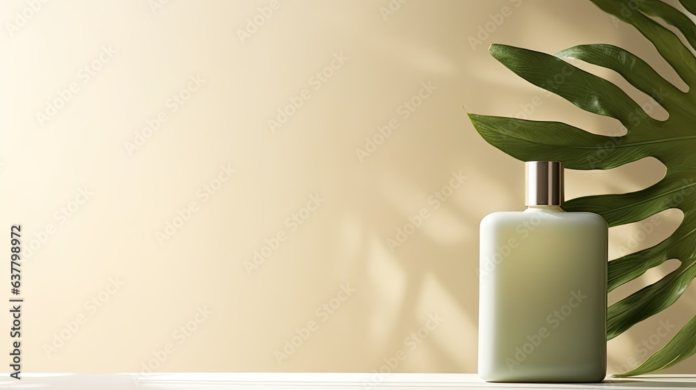Aufkleber Minimalist botanical backdrop for product display or promotion Neutral tones light and shadow Front view with space for copy or packaging. Mockup image