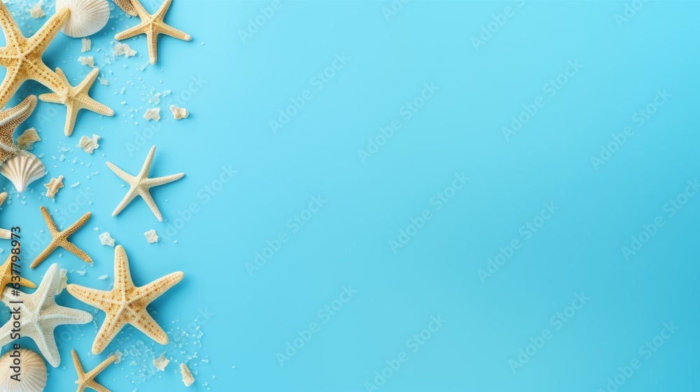 Leinwandbilder Table with blue background featuring starfish and empty space for text evoking a vacation and summer theme. Mockup image