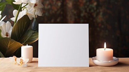 Blank white folded card for name placement or invitations on a wedding table background with clipping path . Mockup image