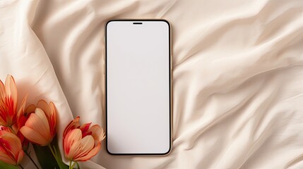 Flat lay of a mobile phone with a blank screen poppy flower and copy space on crumpled cloth Minimalist brand template . Mockup image
