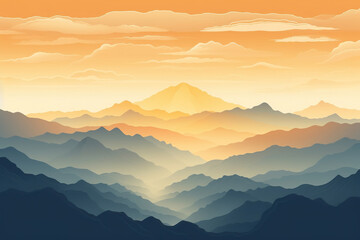 Illustration of mountain top view with sunrise light