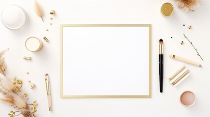 Aesthetically designed golden office accessories displayed on a white background . Mockup image