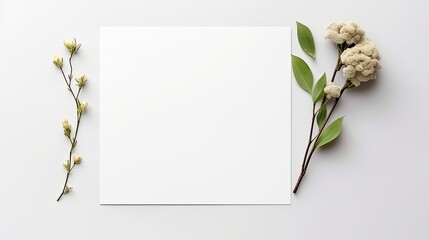 Minimal business brand template with blank card pen and green floral twig on light gray background Flat lay top view . Mockup image