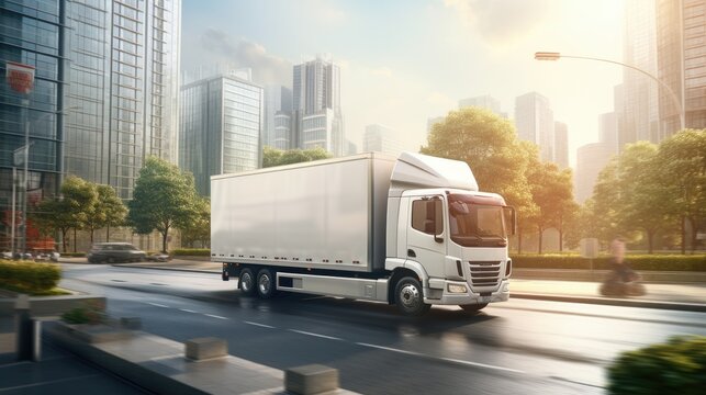 Fast delivery of goods by a white truck from a logistics company on a city road with the truck moving quickly on the avenue to distribute items for a postal serv. Mockup image