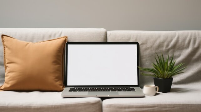 Elegantly designed living room with a laptop on the couch suitable for online store blog or social media branding. Mockup image