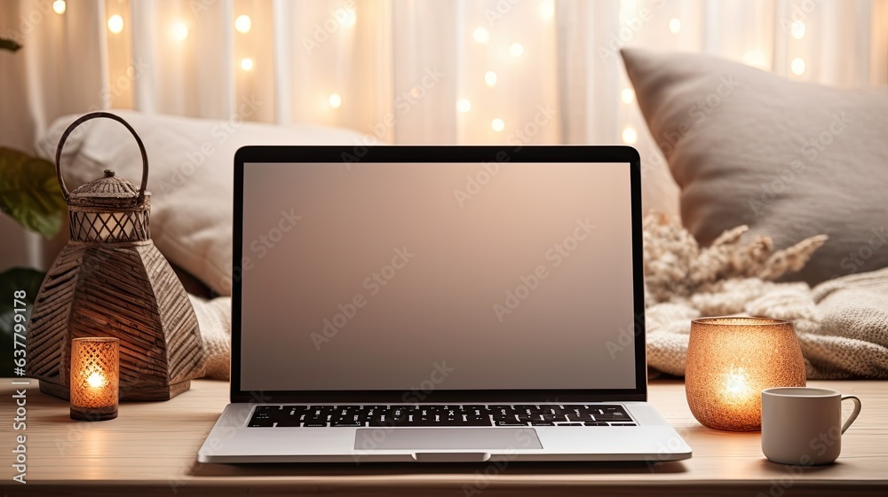 Poster Aesthetic boho styled home interior design template featuring a laptop computer on a table illuminated by candles and a floor lamp Includes mockup copy space and