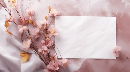 Blank card on marble with flowers and ribbons top view Romantic card mockup copy space