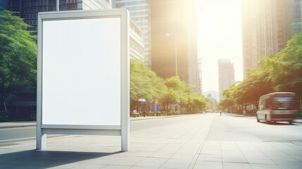 Mock up of a white billboard at a bus stop on a city street with buildings and road in the background on a sunny summer day. Mockup image