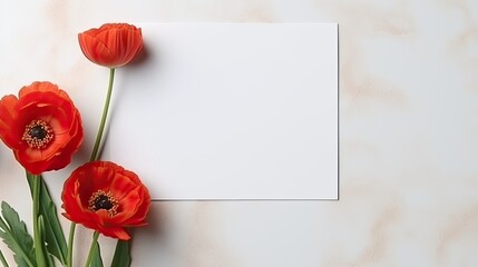 Business brand template with poppy flowers and blank cards for mockup copy space on wall