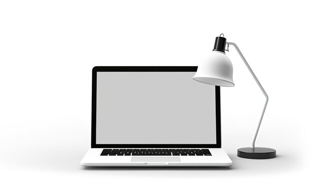 White background with computer lamp and table folder. Mockup image