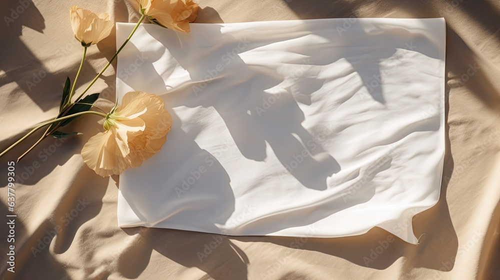 Poster flat lay template for minimal brand with blank paper cards poppy flower and sunlight shadow on crump
