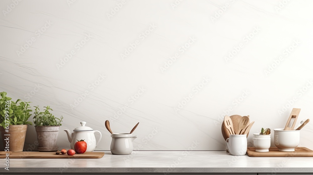 Wall mural modern kitchen setting with utensils on countertop space for text viewed from the front. mockup imag