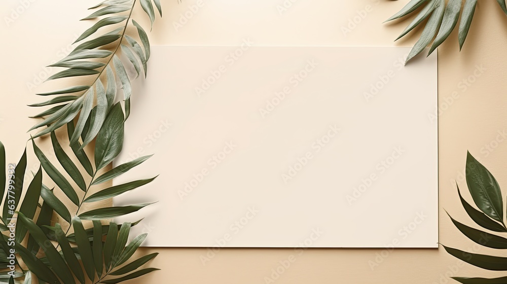 Aufkleber top view of card mockup with copy space greetings wedding invitations blank paper sheet dry palm lea