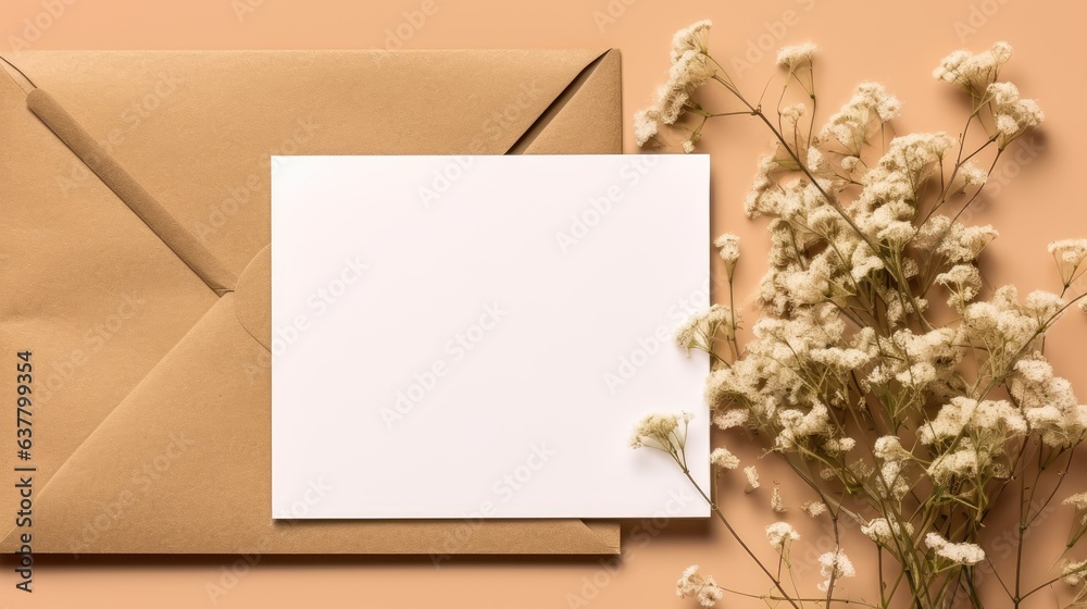 Poster mockup of a greeting card and gifts on a beige background space for text