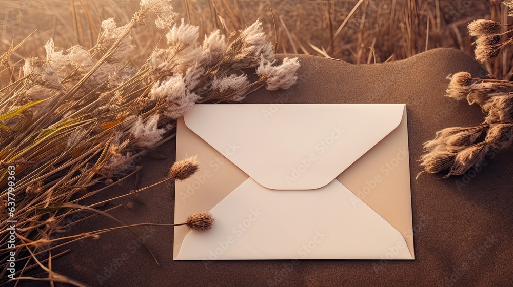 Poster top view of blank cards envelopes and dried flowers on textured beige background with copy space fla