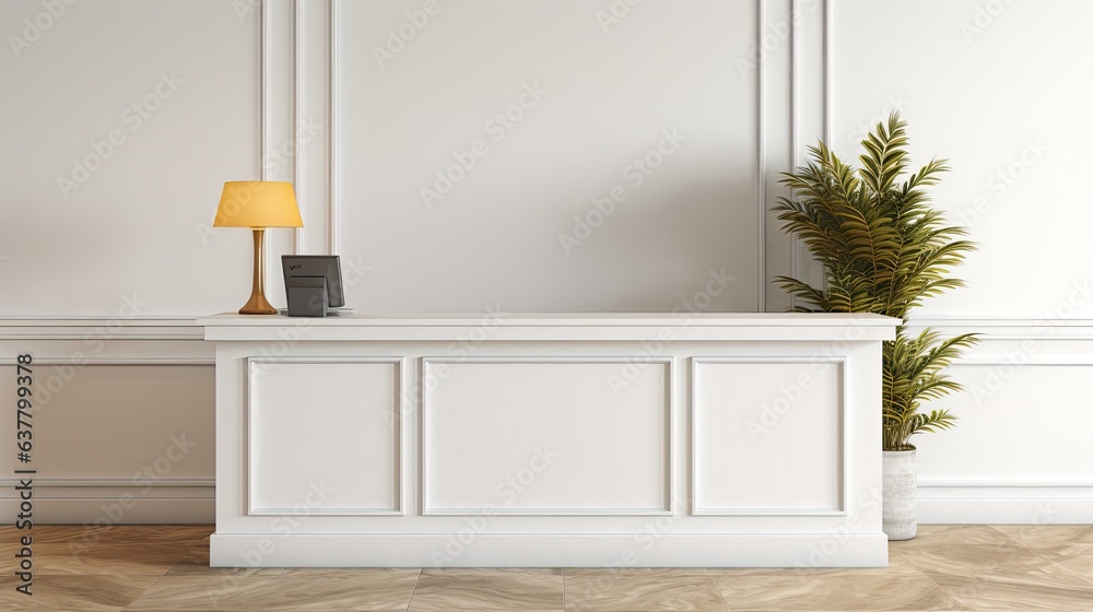Poster White and plain surface at reception area for branding purposes in a hotel s indoor registration desk table. Mockup image