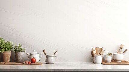 Modern kitchen setting with utensils on countertop space for text viewed from the front. Mockup image