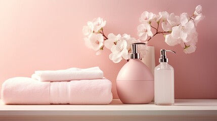 Pastel pink bathroom decor with elegant accessories and soft lighting. Mockup image