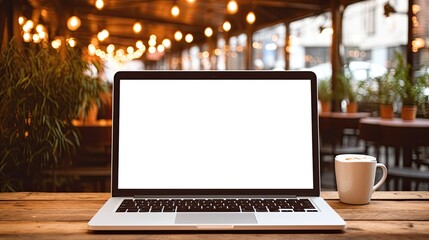 Hand holding laptop with blank screen on wooden table in cafe . Mockup image