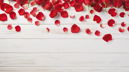 Red roses on a white rustic wooden background Holiday mockup with space for text