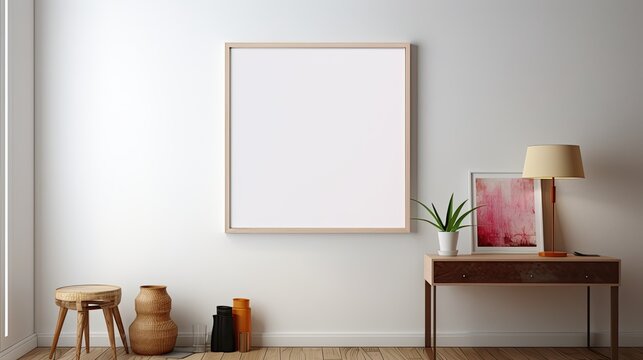 Man hanging painting and placing picture frame on white wall Guy holding empty mock up poster with blank space. Mockup image
