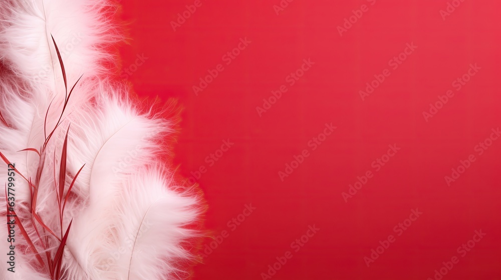 Poster flat lay mockup cards with blank space fluffy bunny tail grass sunlight shadows on red background mi