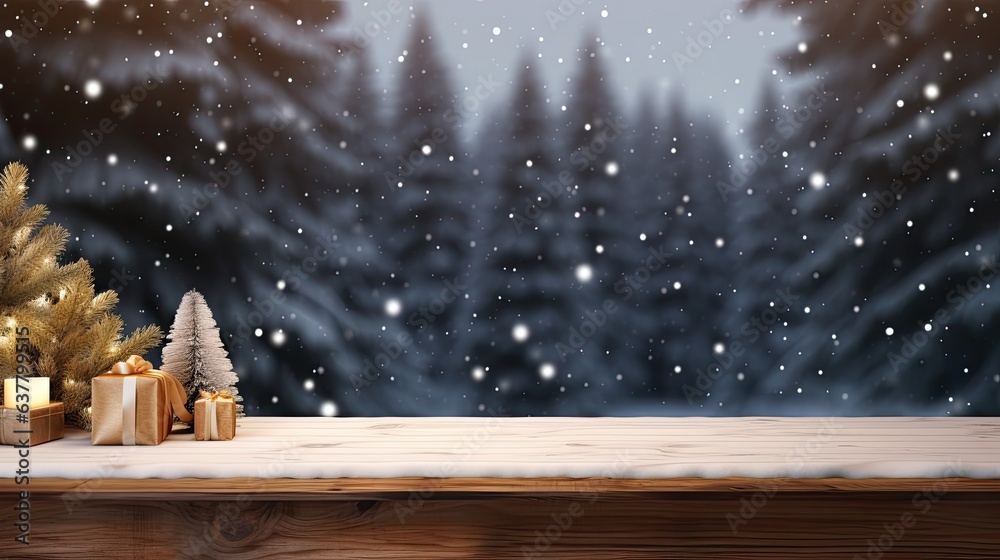 Poster Winter Christmas product display template with empty wooden table fir branches and lights . Mockup image