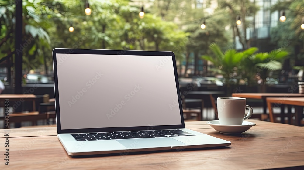 Leinwandbilder white background mockup image of a laptop on a coffee shop desk where a man is using it for business