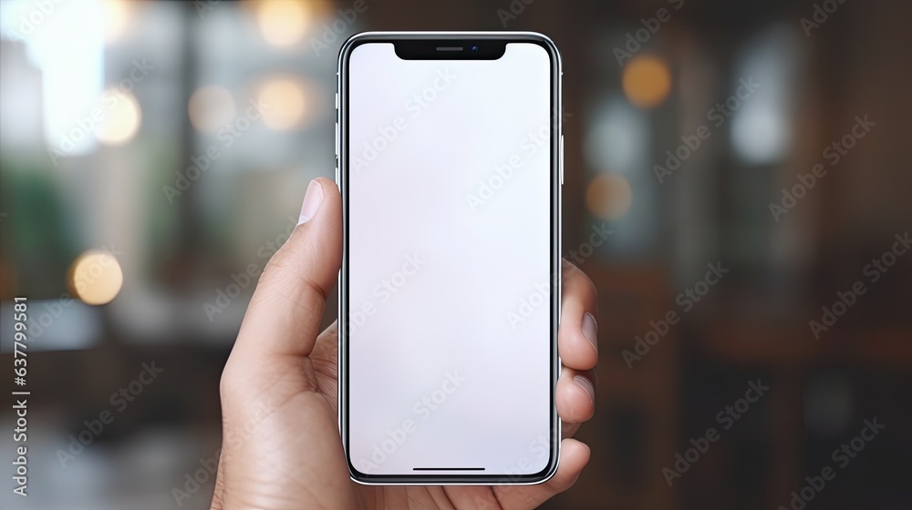 Aufkleber a businessman holding a blank smartphone screen in a close up with a blurred background . mockup ima