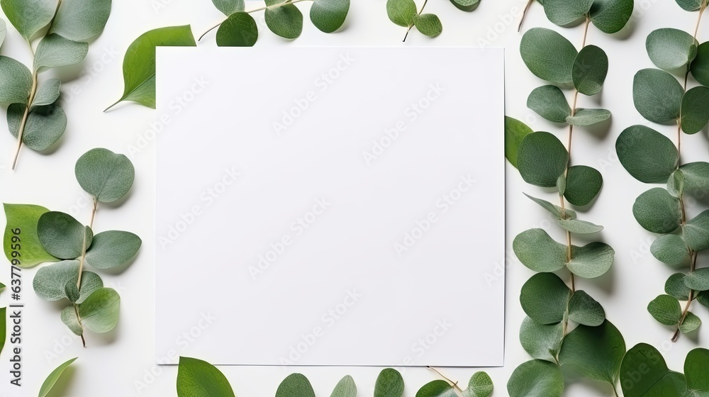 Poster minimal boho style card with blank space on eucalyptus leaves top view ideal for business social med