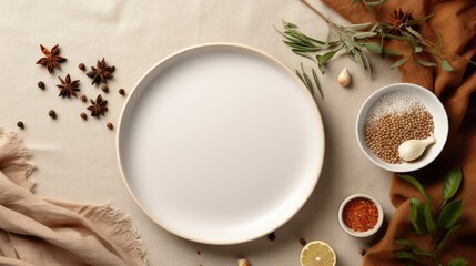 Obraz na płótnie Canvas Top view of a food photo mockup with spices and napkin on an abstract background copy space