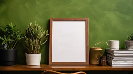 Living room with brown frame and green shelf displaying plants in various pots Stylish personal items Home gardening Template . Mockup image
