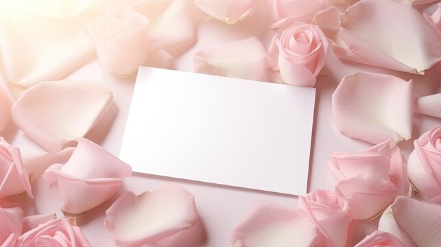Minimal Valentine s Day card design with blank space and pink rose petals. Mockup image