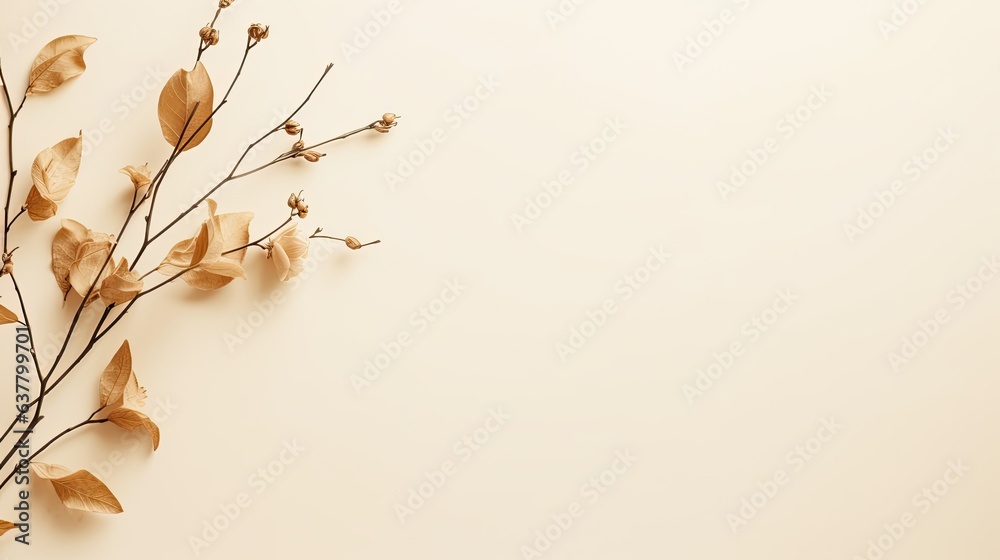 Poster flowers and branch on beige background laid flat with space for text mockup