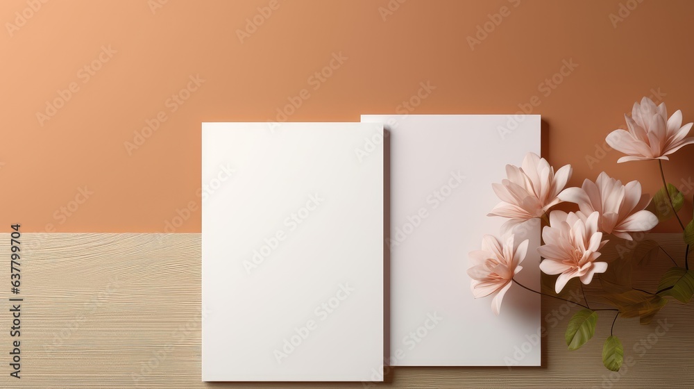 Poster Mockup template with copy space featuring flowers and empty paper cards on a warm rug background