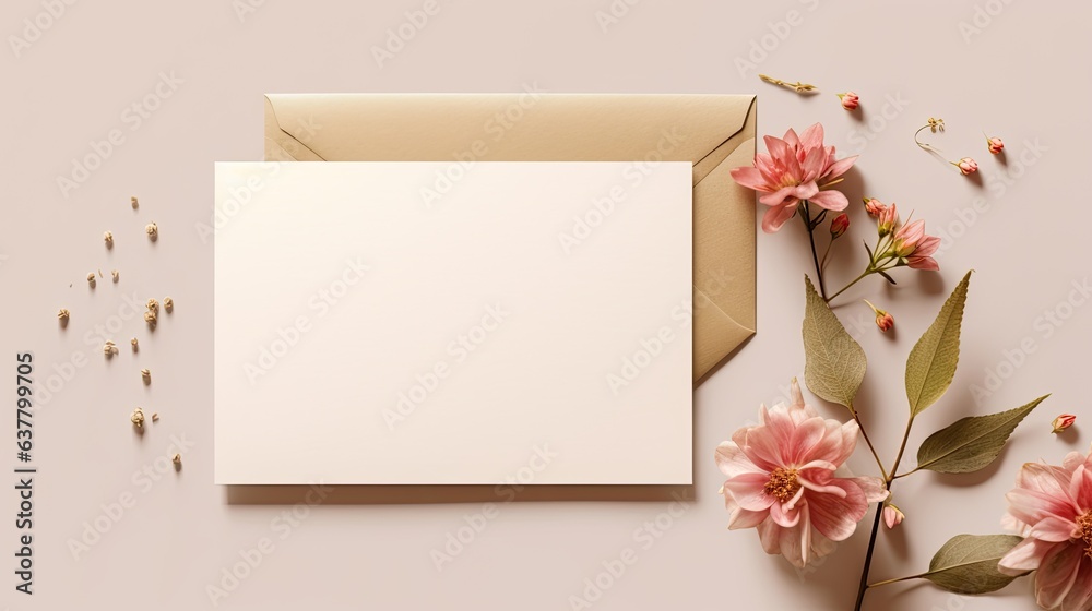 Canvas Prints neutral beige background with empty card envelope and flowers ideal for wedding invitations or greet