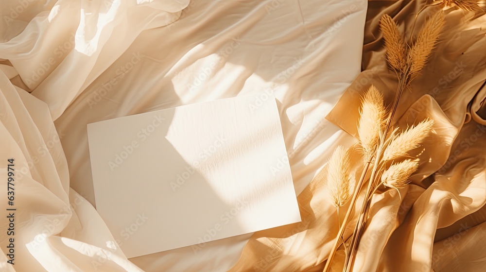 Aufkleber flat lay wedding invitation template with blank paper rattan casket poppy flower and golden fabric a