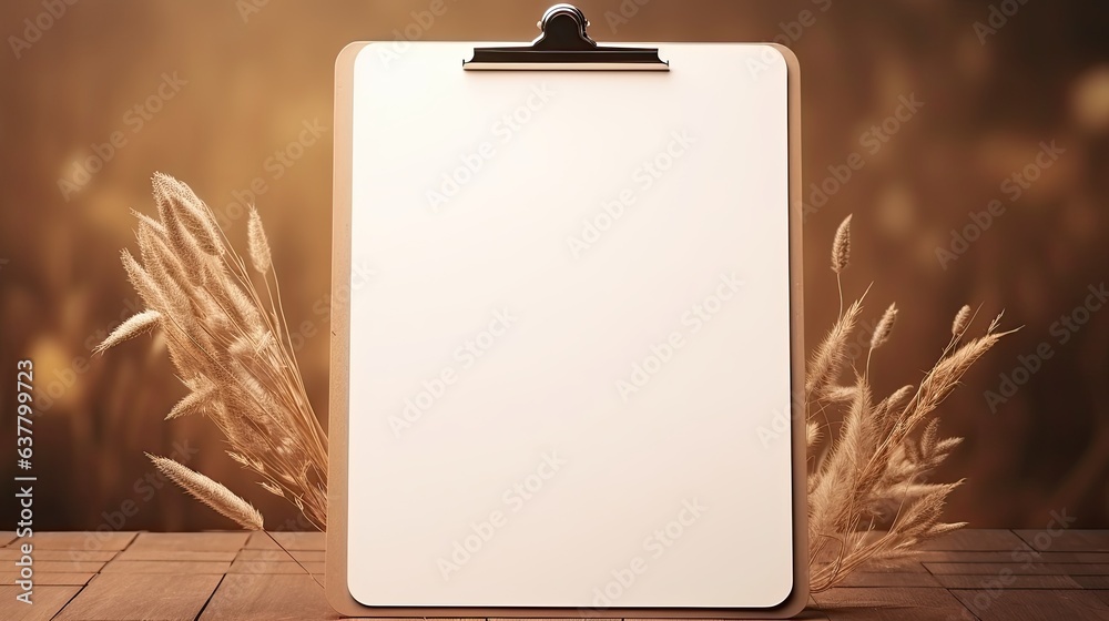 Aufkleber clipboard with paper and dried flower grass on dark background with soft sunlight. mockup image