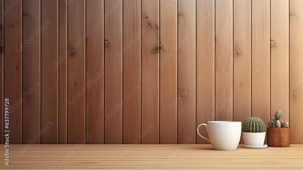 Poster front view of workspace with wooden desk table supplies and coffee mug featuring copy space. mockup 