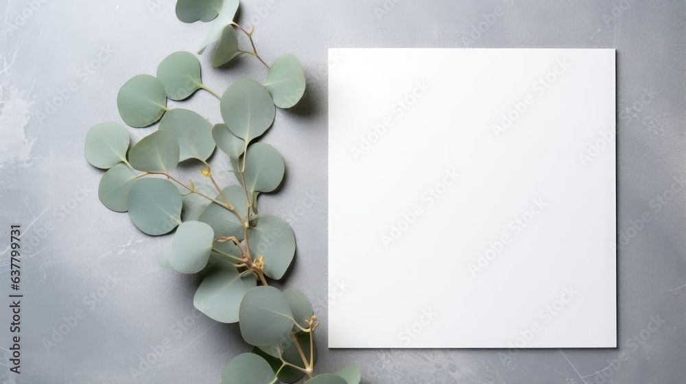 Aufkleber Flat lay greeting card mockup with eucalyptus on grey background