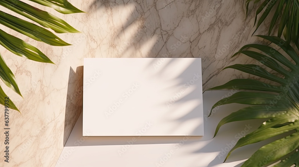 Aufkleber a brand template for business with a minimal design featuring blank cards and a palm leaf on a marbl