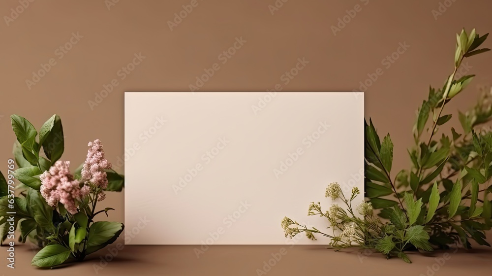 Poster Person holding blank card and envelope with flowers on beige background elegant template for invitation greeting or business card with space for text. Mockup image