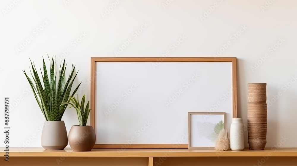 Aufkleber living room with brown frame and green shelf displaying plants in various pots stylish personal item