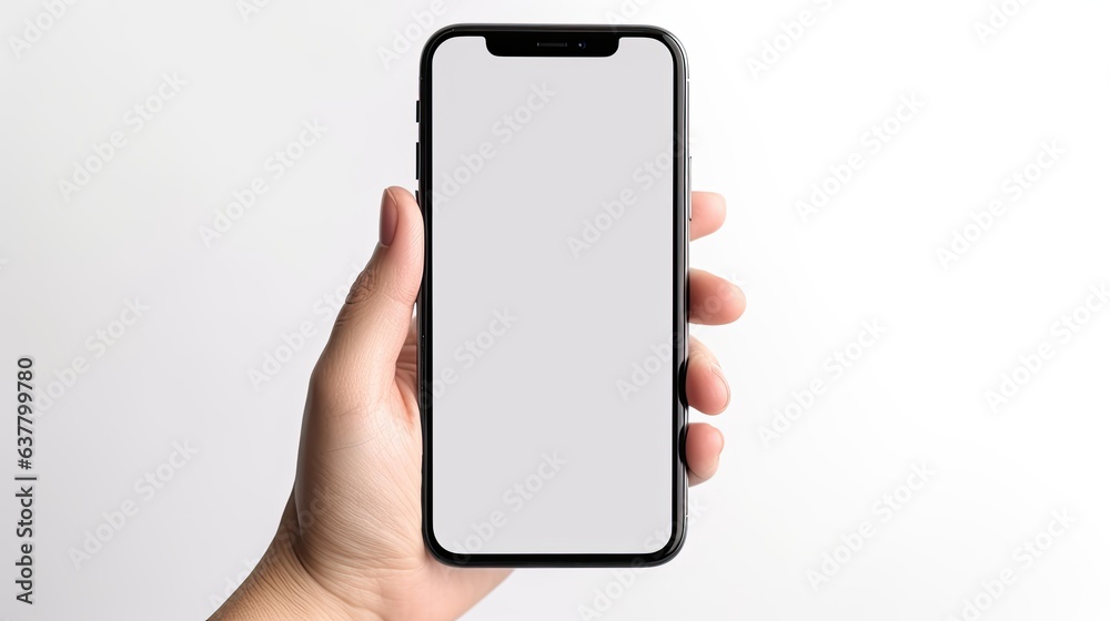 Aufkleber close up of a hand holding a smartphone with a blank screen. mockup image