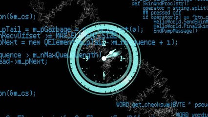 Animation of neon ticking clock, data processing and spinning dna structure against black background - Powered by Adobe