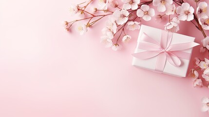 Pink background with gift flowers and copy space for celebrating Mother s Day Women s Day or birthdays in pastel tones Mockup