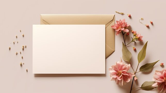 Neutral beige background with empty card envelope and flowers ideal for wedding invitations or greeting cards. Mockup image