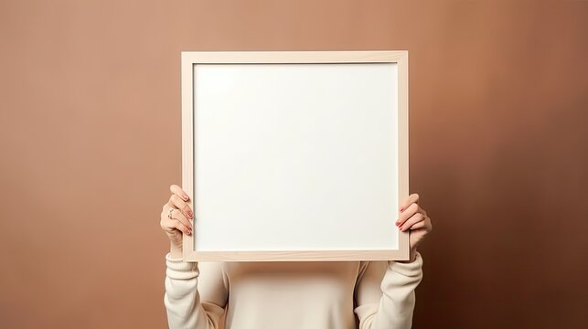 Woman hangs empty square wooden frame on wall. Mockup image